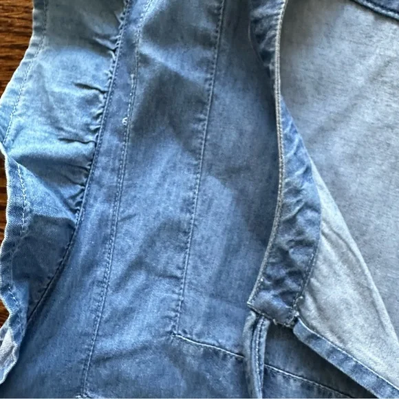 LOFT Blue Denim Chambray Mini Summer Shift Dress with ruffle sleeves & tassels - Picture 10 of 16